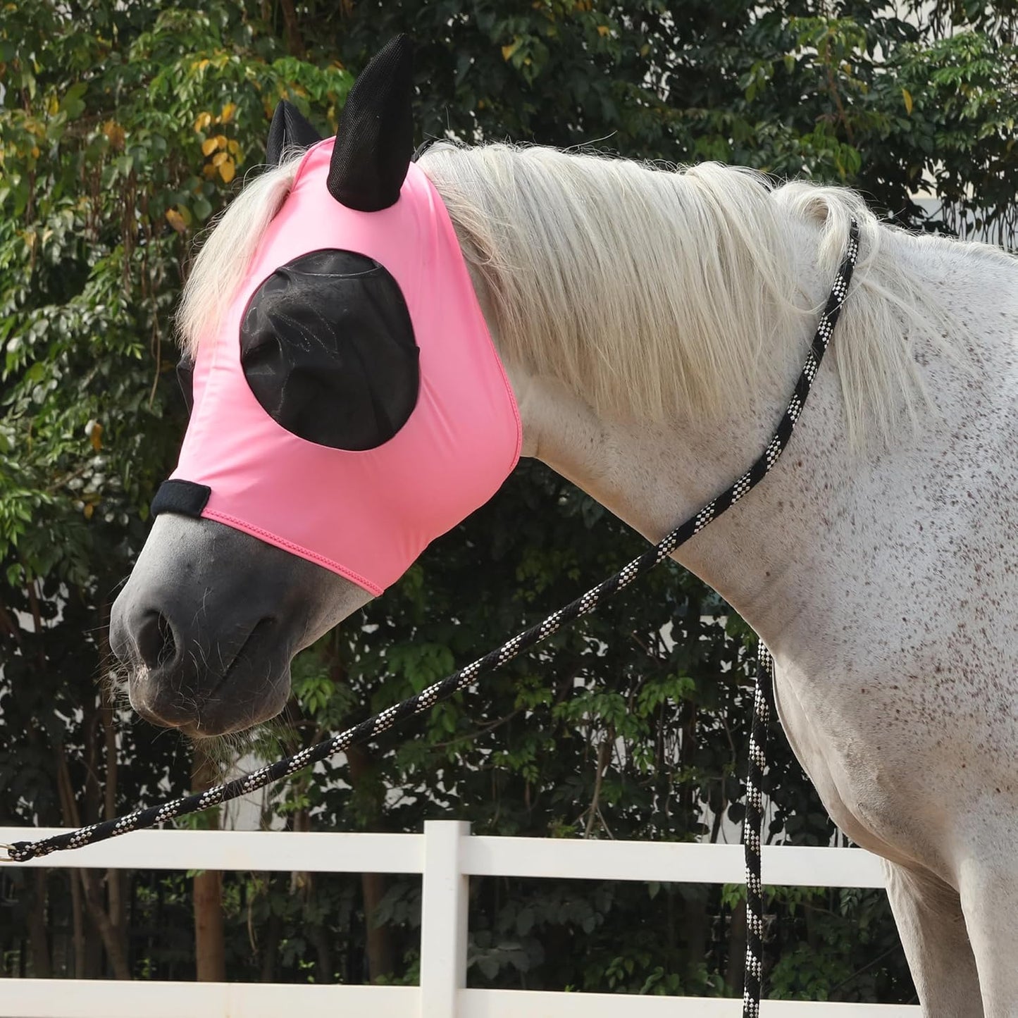 Horse Fly Mask with Ears - Large Eye Space for Full Vision, Breathable Stretch Comfort Fit, UV Protection, Forelock Opening, Easy Pull-On Pink Full