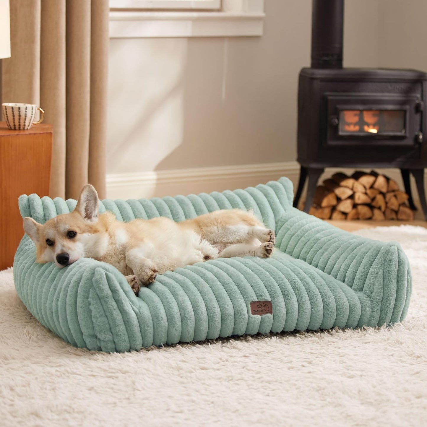 Bedsure Cute Dog Couch for Pets - Fluffy Dog Sofa with Premium Soft Corduroy Fleece, Pet Couch Bed with Washable Cover, Supportive Pet Sofa Bed for Medium Large Dogs, 36inch, Garden Green