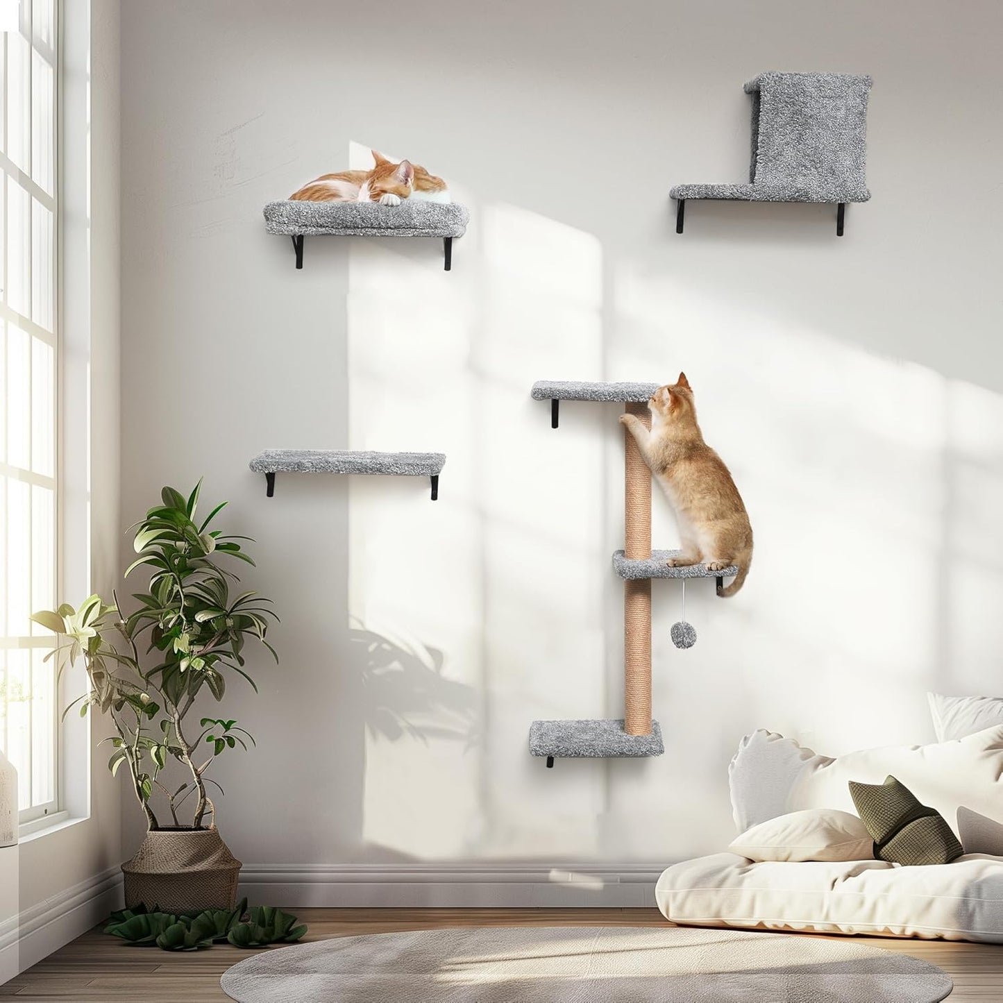 FUKUMARU Cat Wall Shelves, Stable & Safe 4 in 1 Cat Furniture Set, Wooden Climbing Wall with Scratching Post for 16 Inch Drywall - Light Gray
