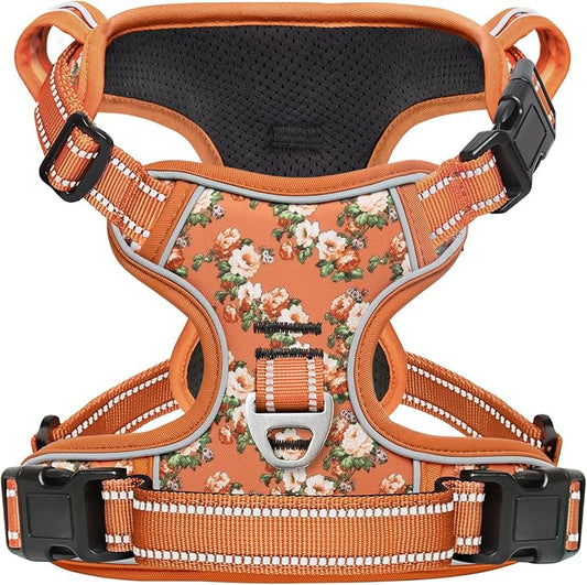 Timos Dog Harness for Medium Dogs, No Pull Service Vest with Reflective Strips and Control Handle,No Choke Dog Harness with 2 Metal Rings for Easy Walking,Outdoor Training,Flower Orange, M