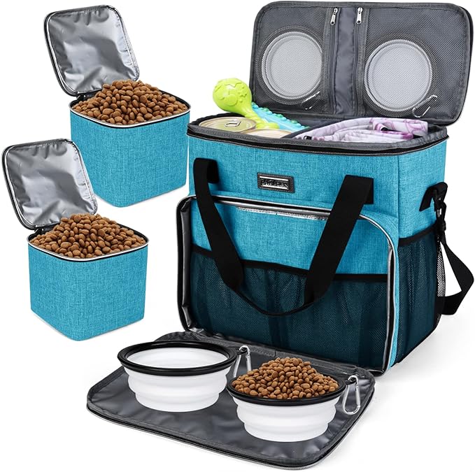 BAGLHER Dog Travel Bag, Pet Travel Bag (ALL Pet Travel Supplies), With 2 Pet Food Containers and 2 Collapsible Silicone Bowls; Essential Kits for Pet Travel Sky Blue