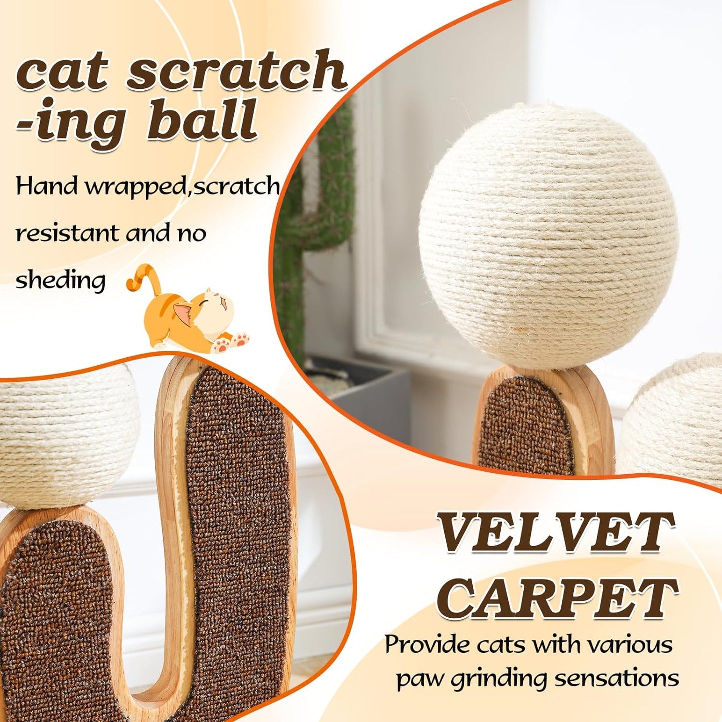 Cactus-Shaped Cat Scratching Post with Cat Scratcher, Interactive Toy Balls, Handmade with Natural Materials, Cute Cat Scratching Post, Easy-to-Clean Cat Furniture
