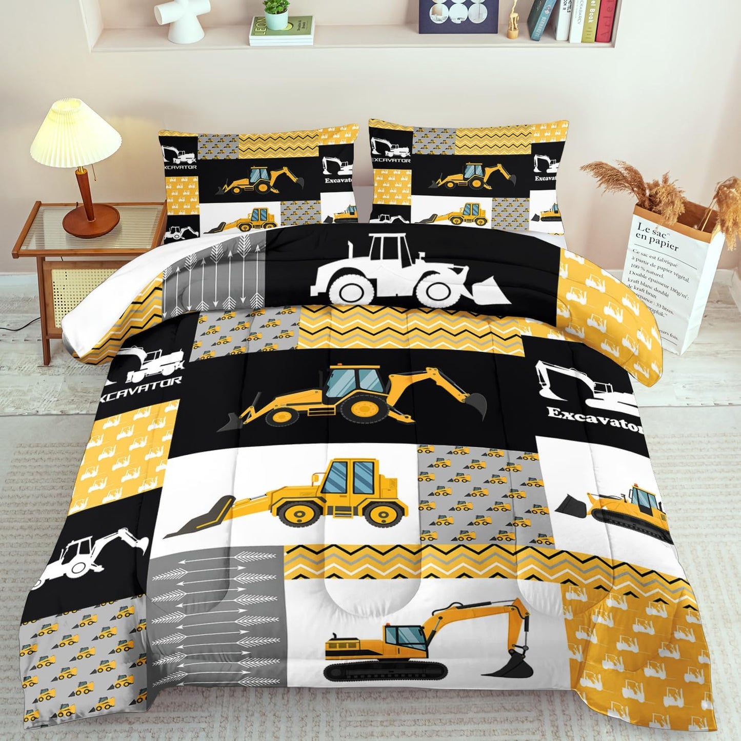 Construction Comforter Set King Boys,Yellow King Construction Bedding Set,Engineering Vehicles Comforter Yellow Bedroom Decor Kids,Truck Quilt Cartoon Truck Bedding for Teen