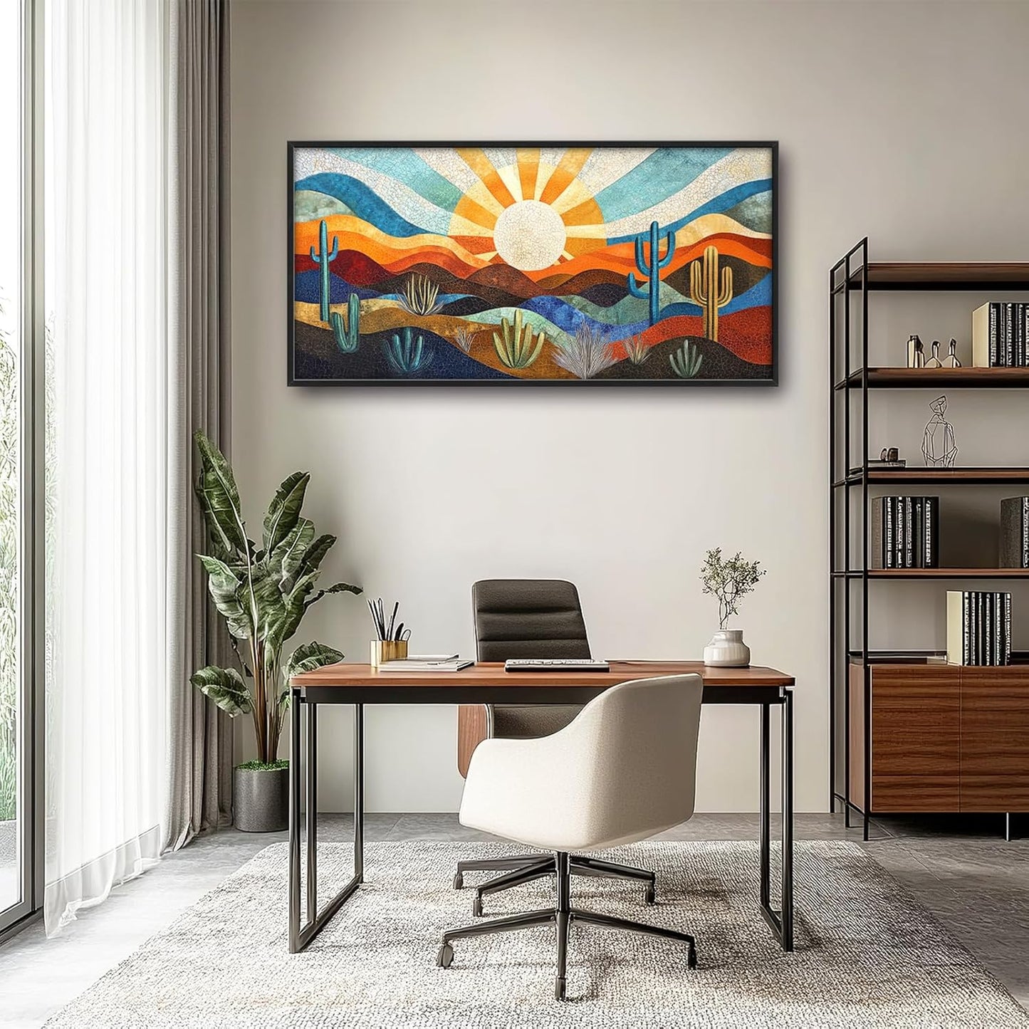 Extra Large Framed Abstract Boho Desert Wall Art, Sun Cactus Landscape Wall Decor Pictures for Living Room,Cacti Canvas Print Painting Modern Artwork Bedroom Office Bathroom Home Decor 60L x 30W