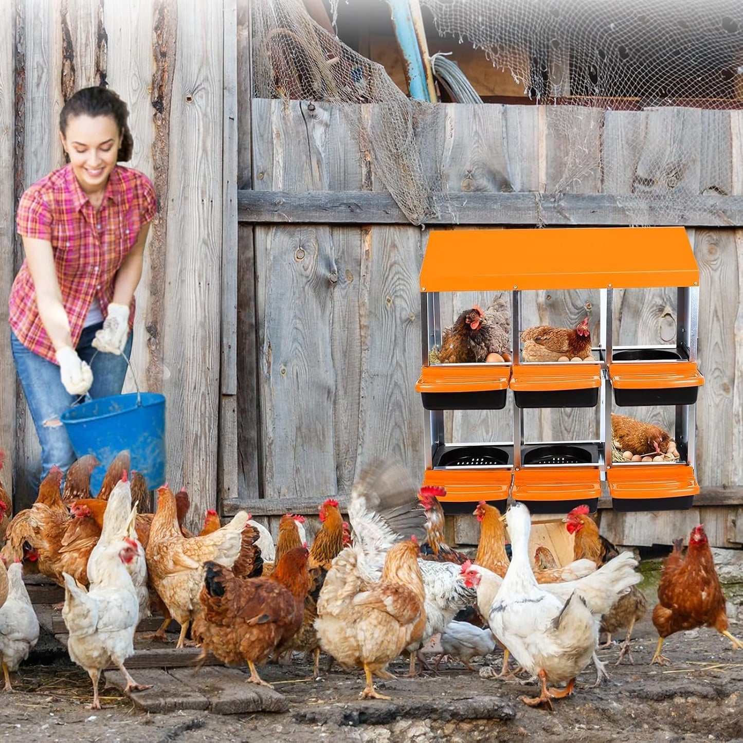 Chicken Nesting Boxes, 6 Hole Metal Chicken Laying Box with with Removable Trays and Roll Out Egg Collection for Chicken Coop, Orange