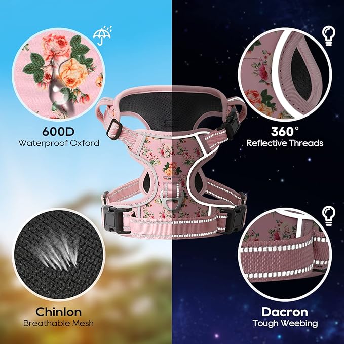 Timos No Pull Dog Harness,NO Need Go Over Dogs Head 3 Snap Buckles Reflective Oxford No Choke Harness with Front & Back 2 Metal Leash Clips Soft Padded for Small Medium Large Dogs Pink S