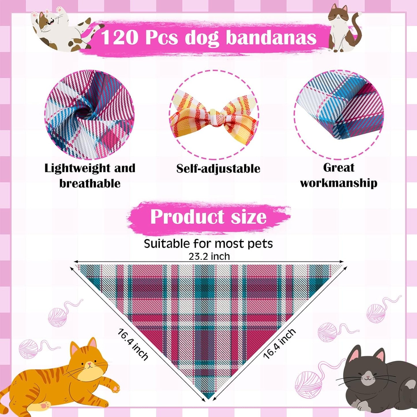 Sanwuta 120 Pcs Plaid Dog Bandanas Bulk Pet Scarves Adjustable Soft Cute Dog Triangle Scarfs for Medium Small Dogs Cats Large Puppy