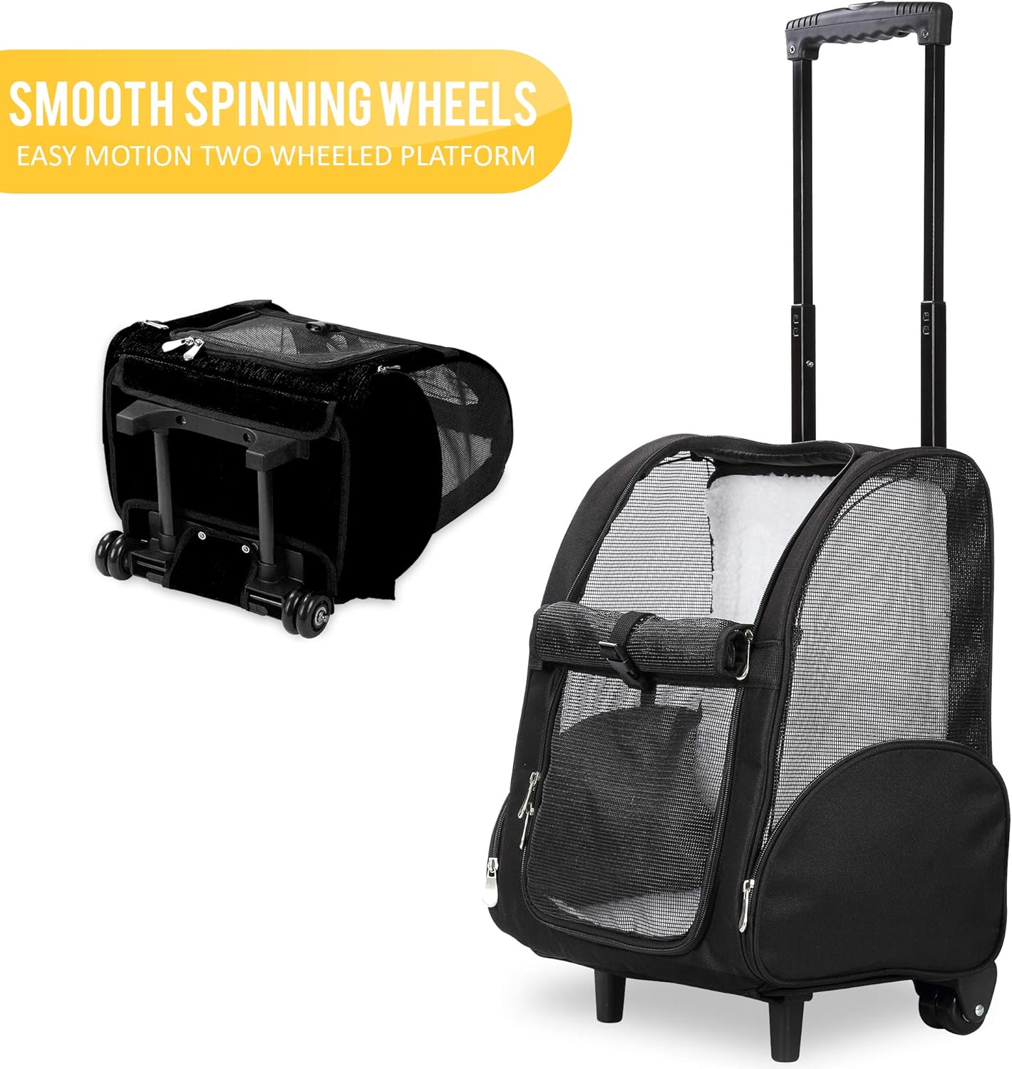 KOPEKS Deluxe Backpack Pet Travel Carrier with Double Wheels for Pets up to 10 Pounds - Black - Approved by Most Airlines