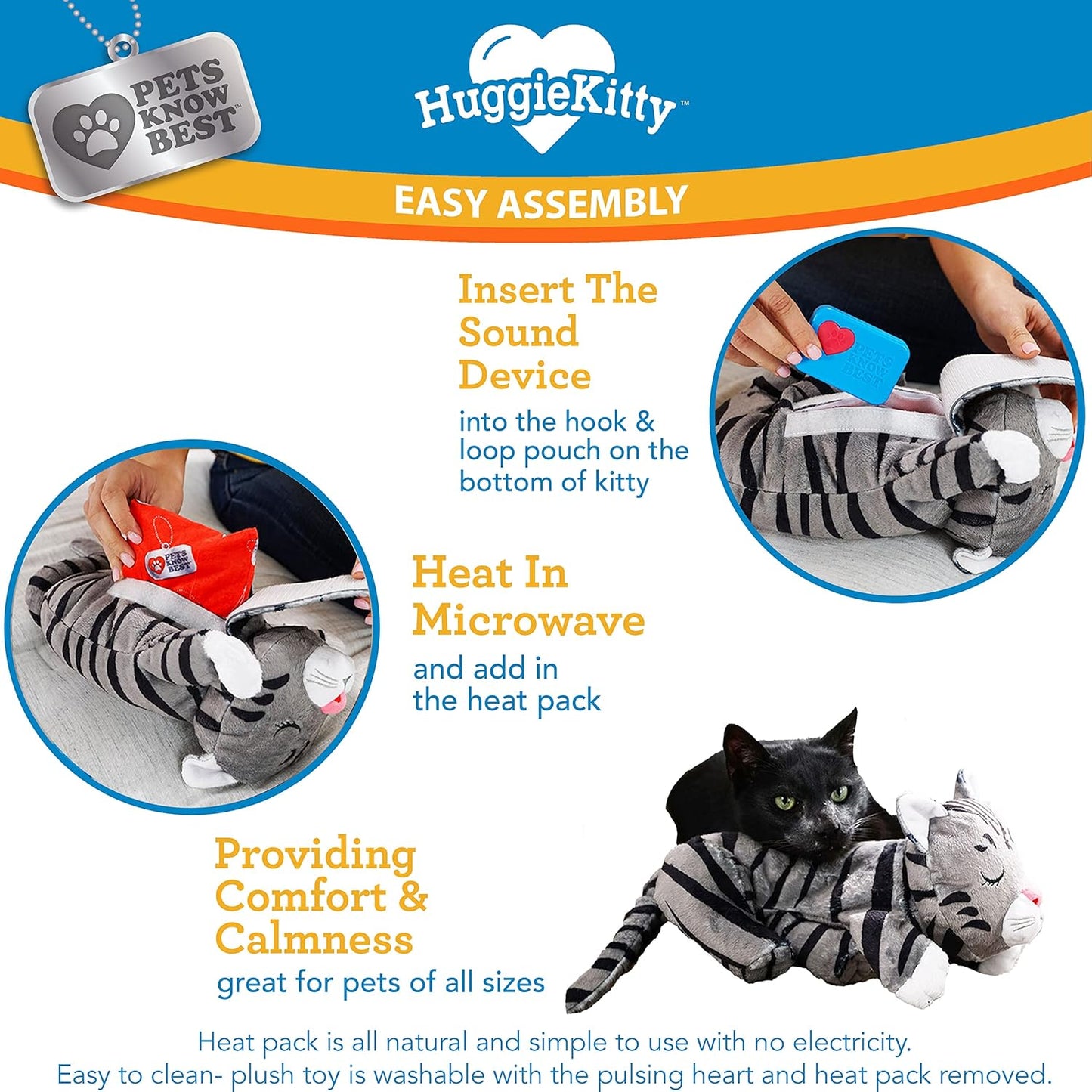 Pets Know Best HuggieKitty | Comfort Purring Companion with Heartbeat Sleep Aide for Cats & Kittens, Heating for Calming Relief, Carrier & Behavioral Training Essential, Breeds, Grey