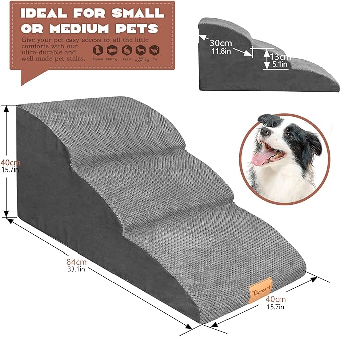 Topmart High Density Extended Foam Dog Ramp&Steps 3 Tiers,15.7" High,Non-Slip Dog Stairs with Waterproof Cover,Soft Foam Pet Ladder,Best for Injured,Older Cats,Pets with Joint Pain