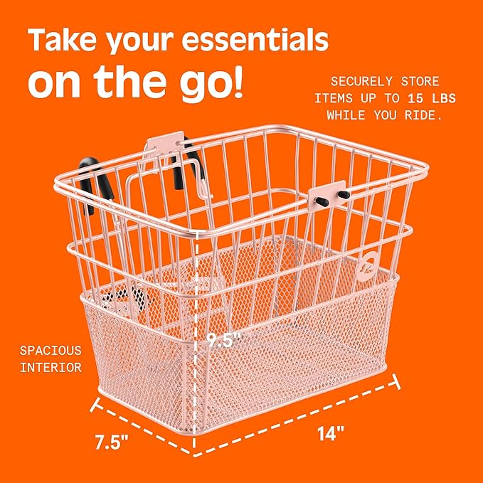 Retrospec Apollo Detachable Front Bike Basket Steel Half-Mesh with Integrated Detachable Hooks and Built-In Handle, Easy Assembly and Portability for Bicycles