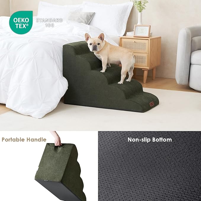 EHEYCIGA Curved Dog Stairs Ramp for High Beds 22.6" H, 5-Step Dog Steps for Small Dogs and Cats, Pet Stairs for High Bed Climbing, Non-Slip Balanced Pet Step Indoor, Olive Green