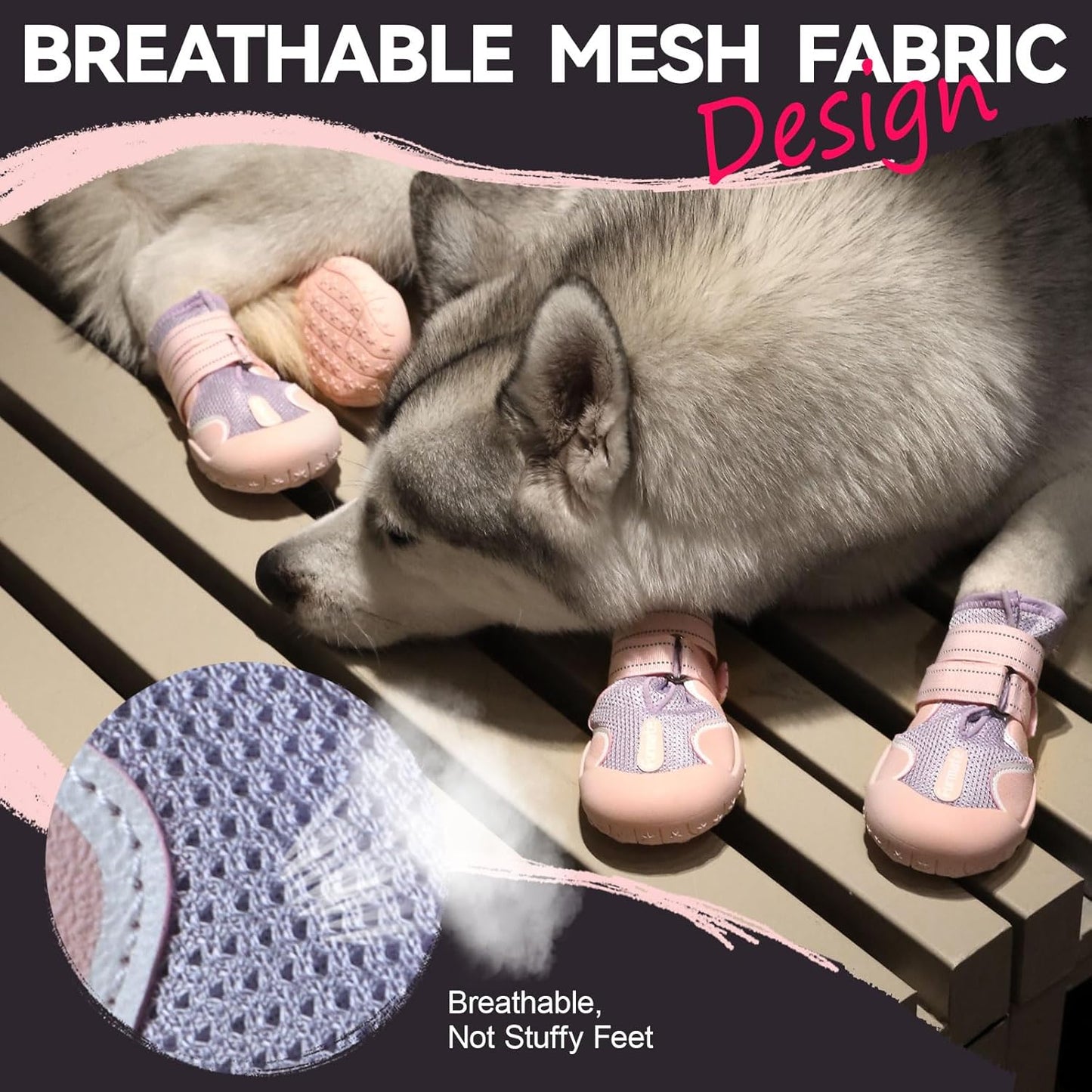 Dog Shoes for Large Small Medium Dogs, Breathable Mesh Dog Boots & Paw Protectors for Summer Hot Pavement Winter Snow, Waterproof Anti-Slip Dog Booties for Hiking Hardwood Floors(Pink-Purple5)
