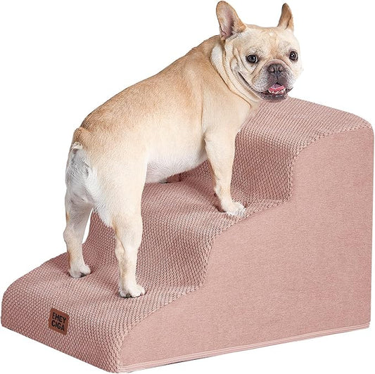 EHEYCIGA Curved Dog Stairs Ramp for Small Dogs 15.7" H, 3-Step Dog Steps for Couch Sofa and Chair, Pet Stairs for Cats, Non-Slip Balanced Pet Steps Indoor, Dusty Pink