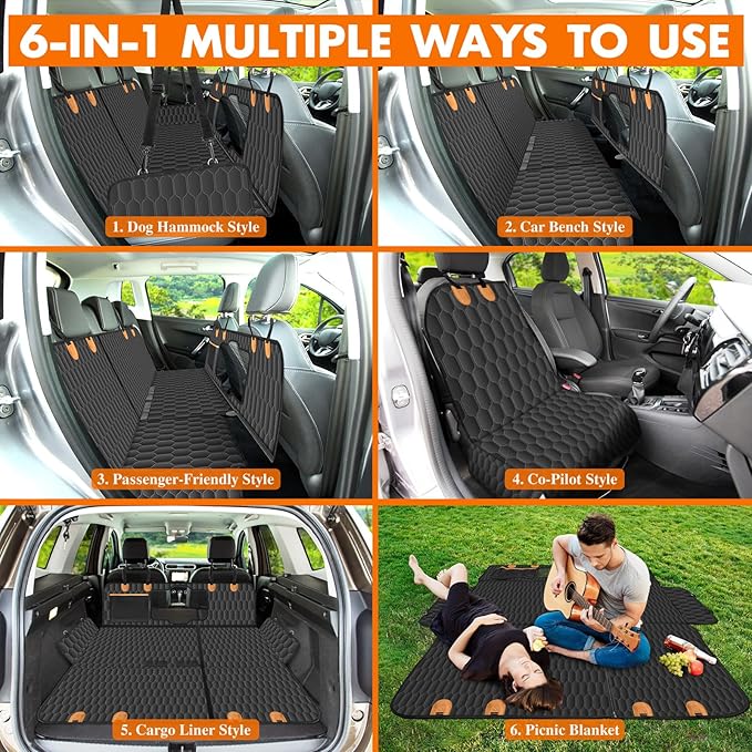 Dog Back Seat Cover, Waterproof Scratch Proof Nonslip Dog Hammock for Car, Car Seat Cover for Back Seat with Sanitary Pad Mesh & Pocket for Cars SUVs and Trucks - S, Black/Orange