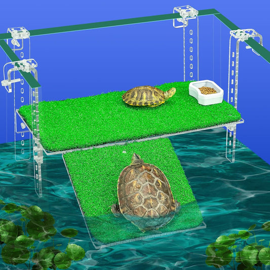 Adjustable Hanging Turtle Dock with Anti-Slip Artificial Grass Basking Platform Sturdy Acrylic Ramp for Aquatic Turtles, Compatible with Various Tank Sizes, Easy Setup Transparent, 15 Inch