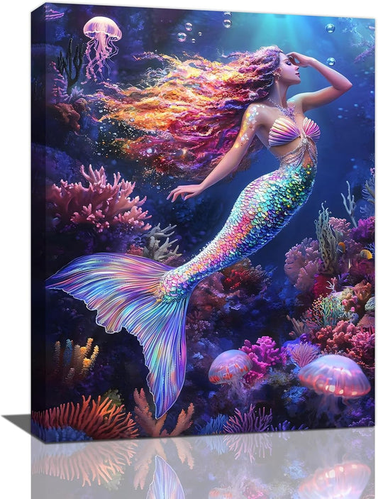 Sea Mermaid Bathroom Pictures Wall Art, Ocean Mermaid Bathroom Wall Decor, Aesthetics Framed Painting Canvas Artwork for Bedroom Living Room Decorations 16"L x 12"W