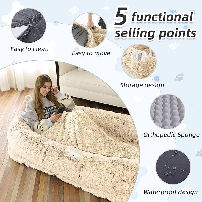 Human Dog Bed, 71''x45''x12'' Size Fits You and Pets, Washable Faux Fur Pet Bed for People Doze Off, Napping Orthopedic Dog Bed, Present Plump Pillow, Blanket, Strap - Beige