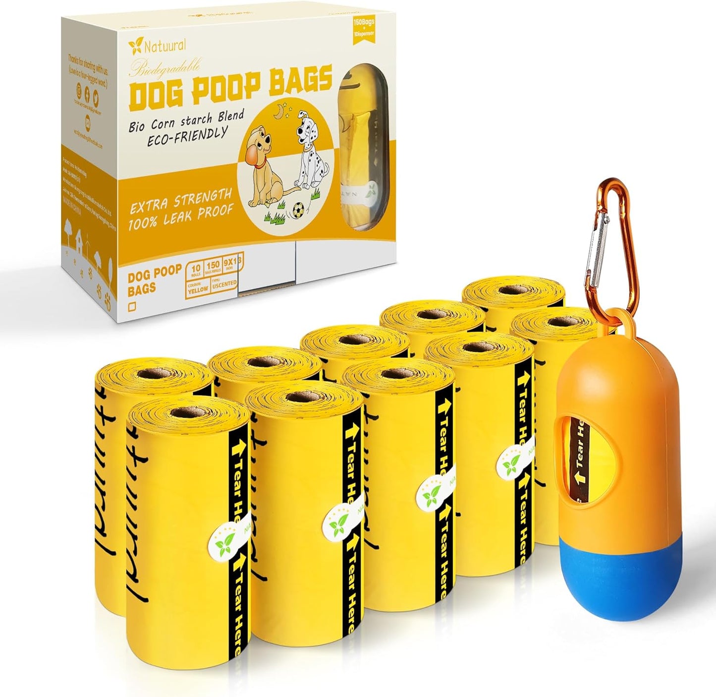 Dog Poop Bags-150 Counts with Holder (10 Rolls), Biodegradable Poop Bags, Eco-friendly and Easy to Open, Thick Dog Waste Bags (Yellow)