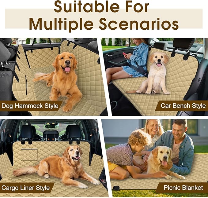Waterproof Dog Car Seat Cover for Back Seat - Durable, Scratch Proof Pet Hammock with Nonslip Design & Storage Pockets, Fits Cars, SUVs, Trucks - L, Khaki/Black
