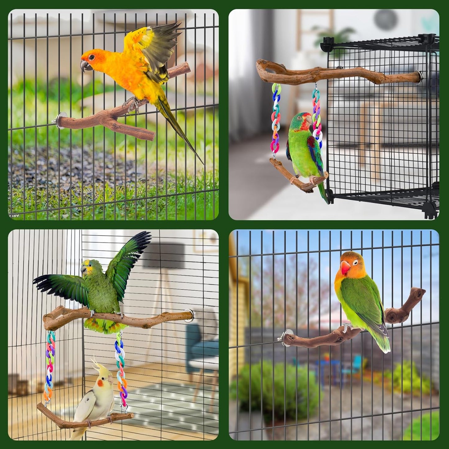 Bird Swing Toys, Standing Bird Perch with Natural Grape Wood, U Shape Hangable Birdcage Accessories, Birds Chewing Toy for Budgerigars, Parakeets, Cockatiels, Conures, Lovebirds, Finches (3Pack)