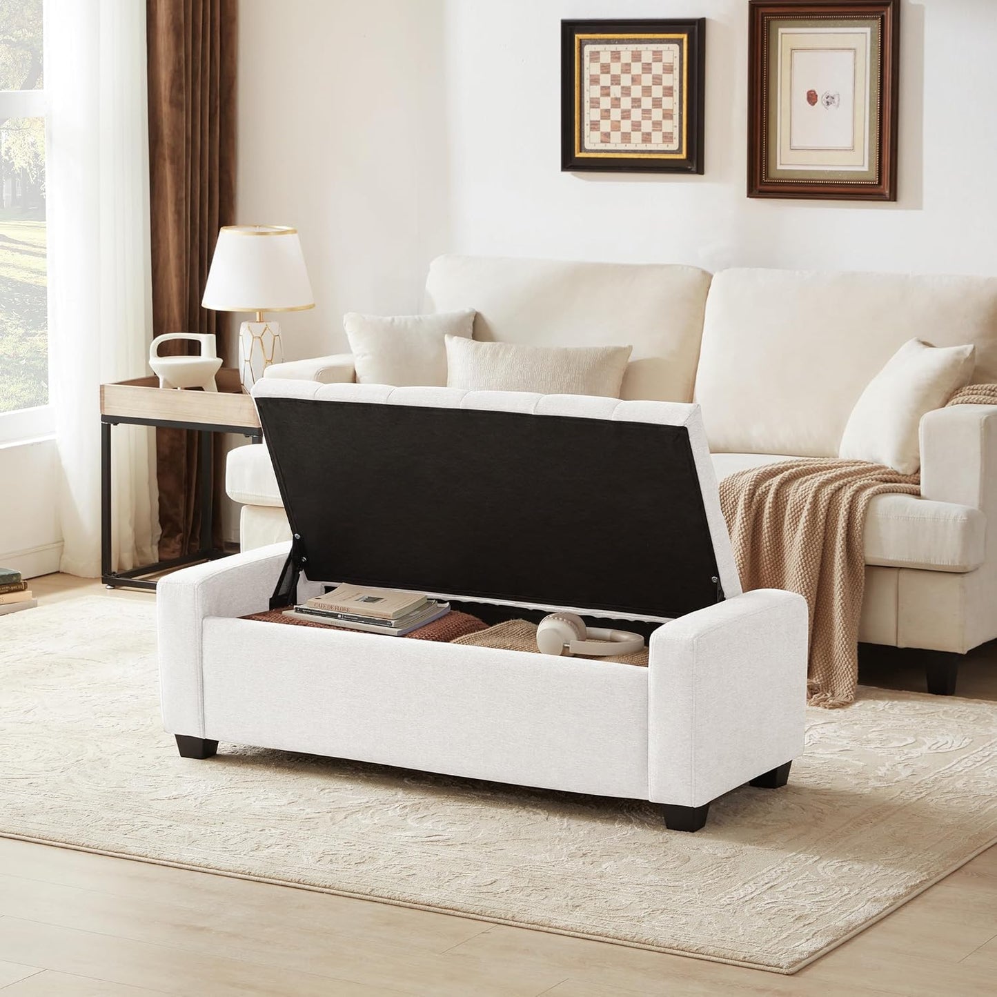 48" Ottoman with Storage, White Storage Ottoman Bench with Safety Hinge, Upholstered Entryway Bench with Seating for Bedroom, Living Room, Holds up to 330 lb