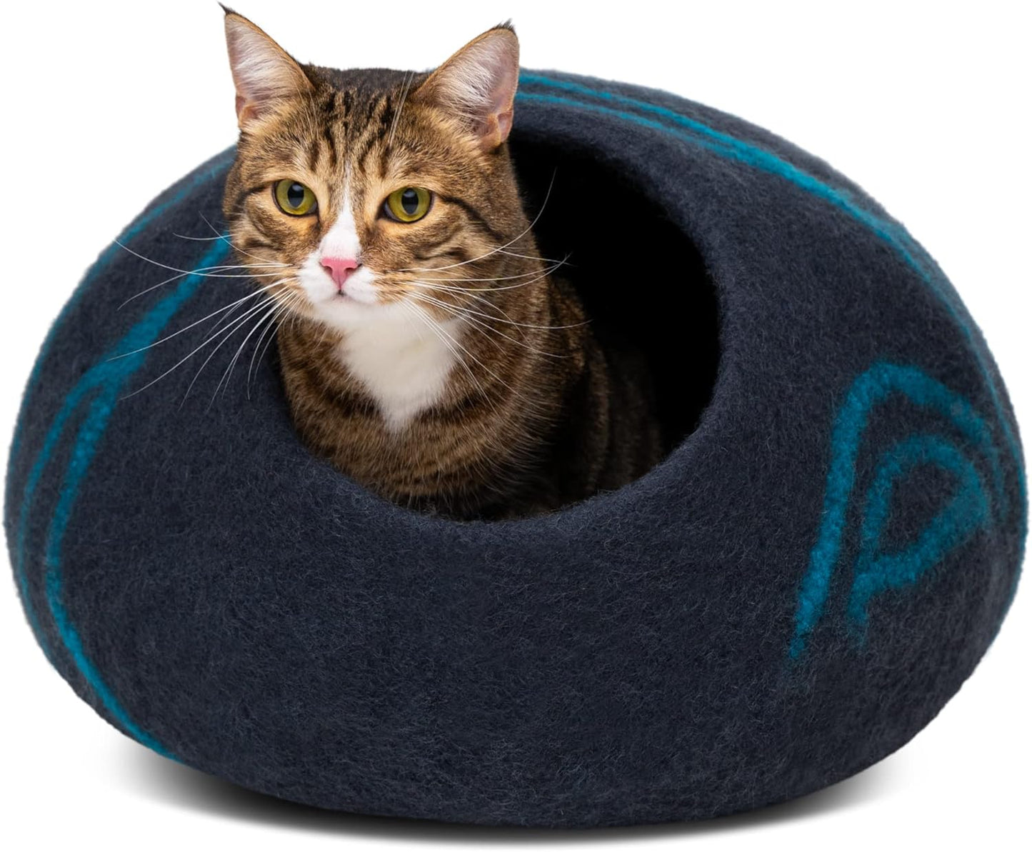 MEOWFIA Cat Cave – Premium Felt Cat Bed for Indoor Cats, Handmade 100% Merino Wool (Medium, Black Aqua)