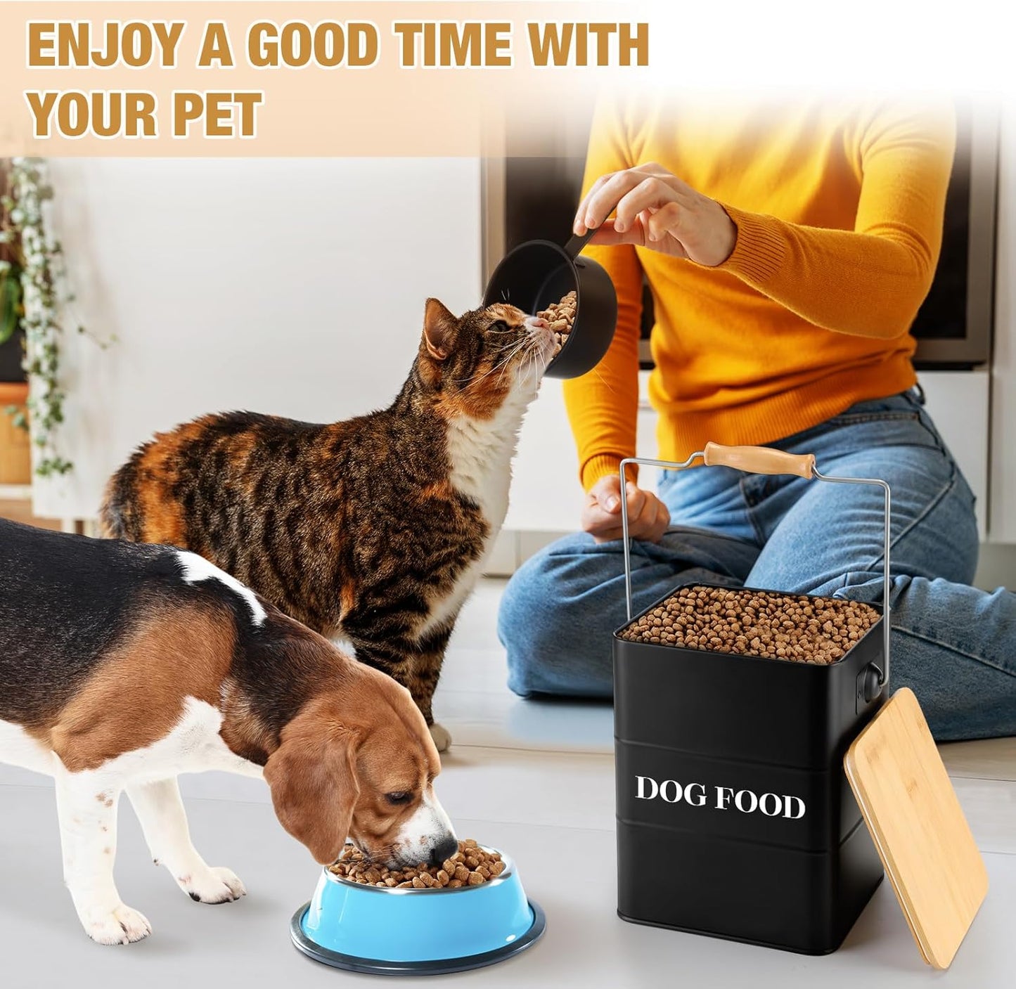 Tioncy 2 Pcs Metal Dog and Cat Food Storage Containers Big Pet Food Containers with Bamboo Lids and Spoon Airtight 5-7 Lbs Dog Cat Treat Snack Jars with DIY Labels for Kitchen Counter(Black)