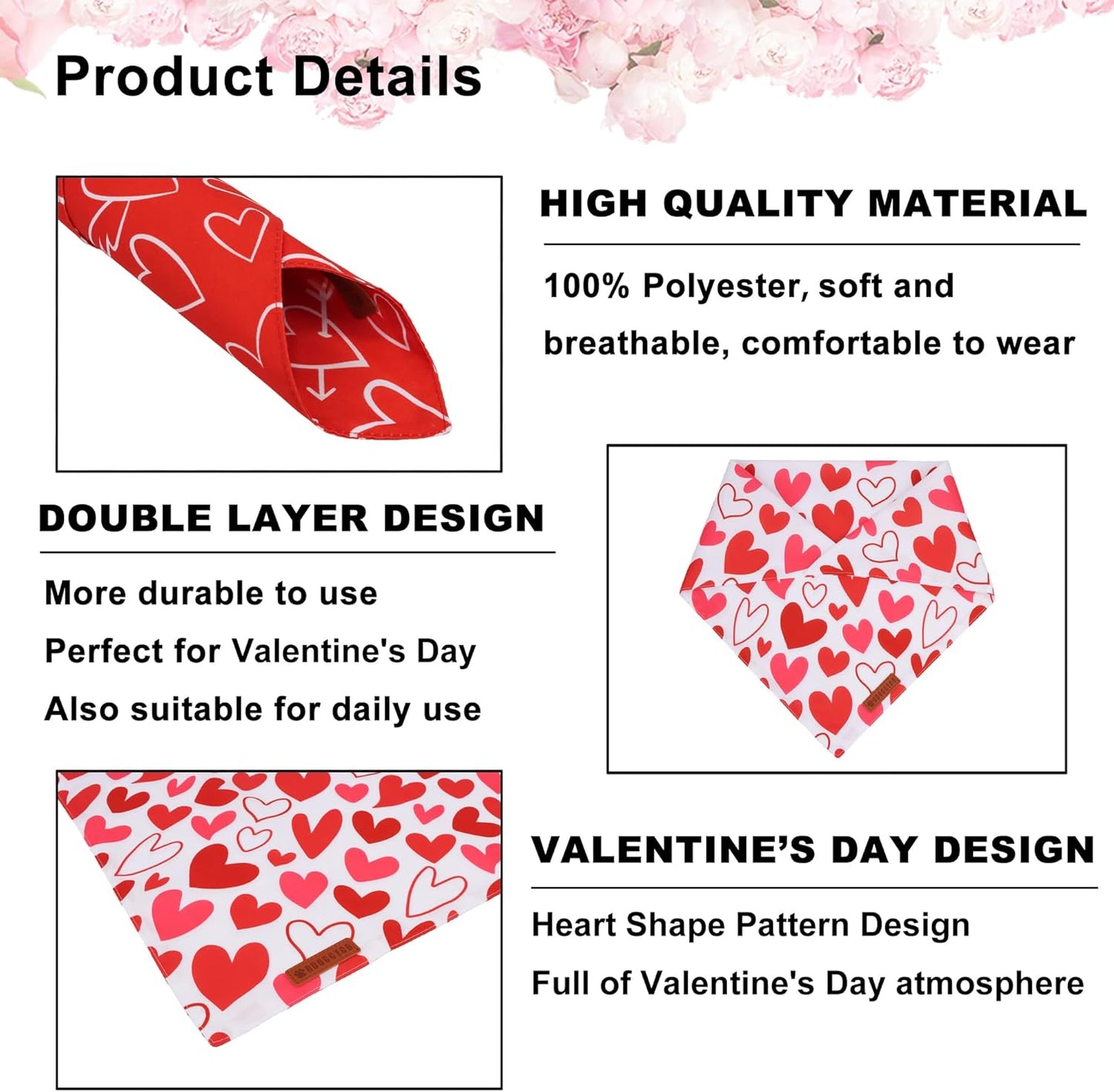 ADOGGYGO Valentine Dog Bandanas, Red Pink Heart Pet Scarf, Multi Size Offered, White Red Valentine Bandana for Small Dogs (Small)