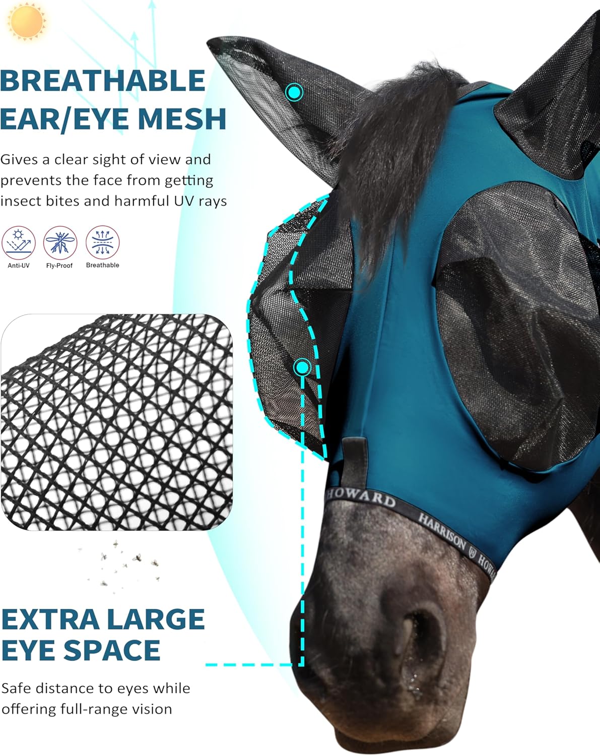 Harrison Howard Horse Fly Mask with Forelock Opening Stretch Breathable and Comfortable for Horses UV -Protection Peacock Blue M