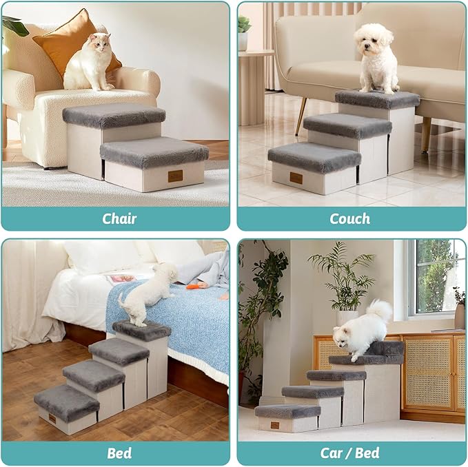 Dog Stair for Small Dogs with Storage, Foldable Pet Step with Soft Cover, Older Cat Ramp for Chair Couch Sofa, Lightweight, Durable, Comfort, 24.8x13x13.6 inch, 3 Tiers, Grey