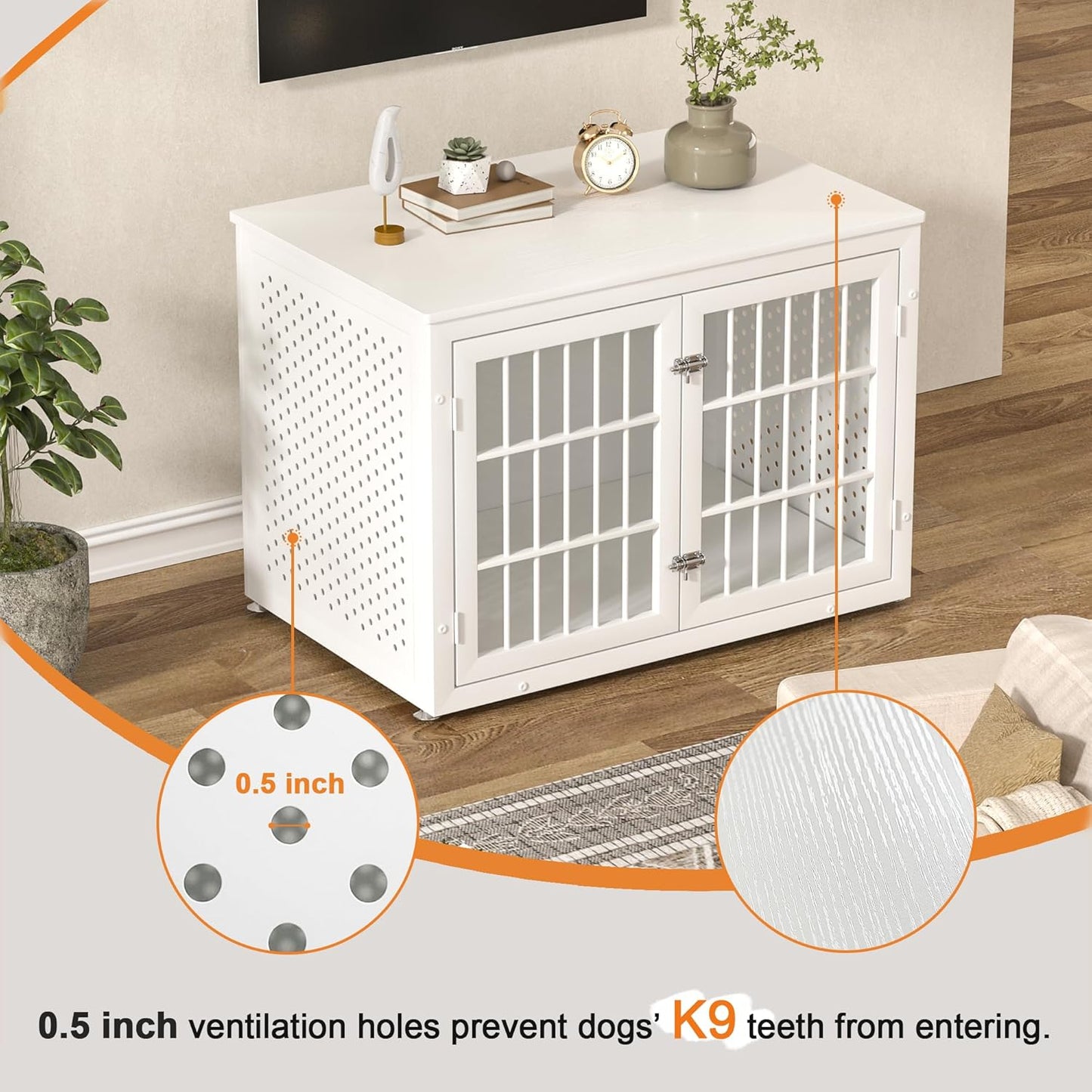 38" Heavy Duty Dog Crate Furniture for Large and Medium Dogs,Wooden Metal Kennel for High Anxiety Dogs, Chew Proof Pet Cage Indoor, Decorative Dog Kennel End Table, White