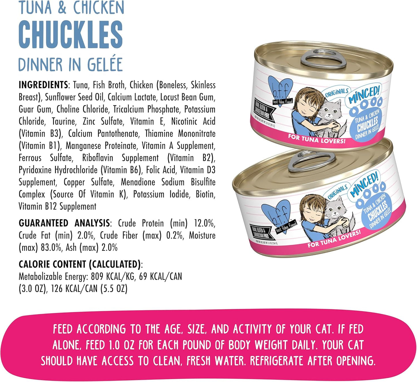 Weruva BFF Minced Natural Wet Cat Food, Tuna and Chicken Chuckles in Gelee, 5.5oz Can, Pack of 24