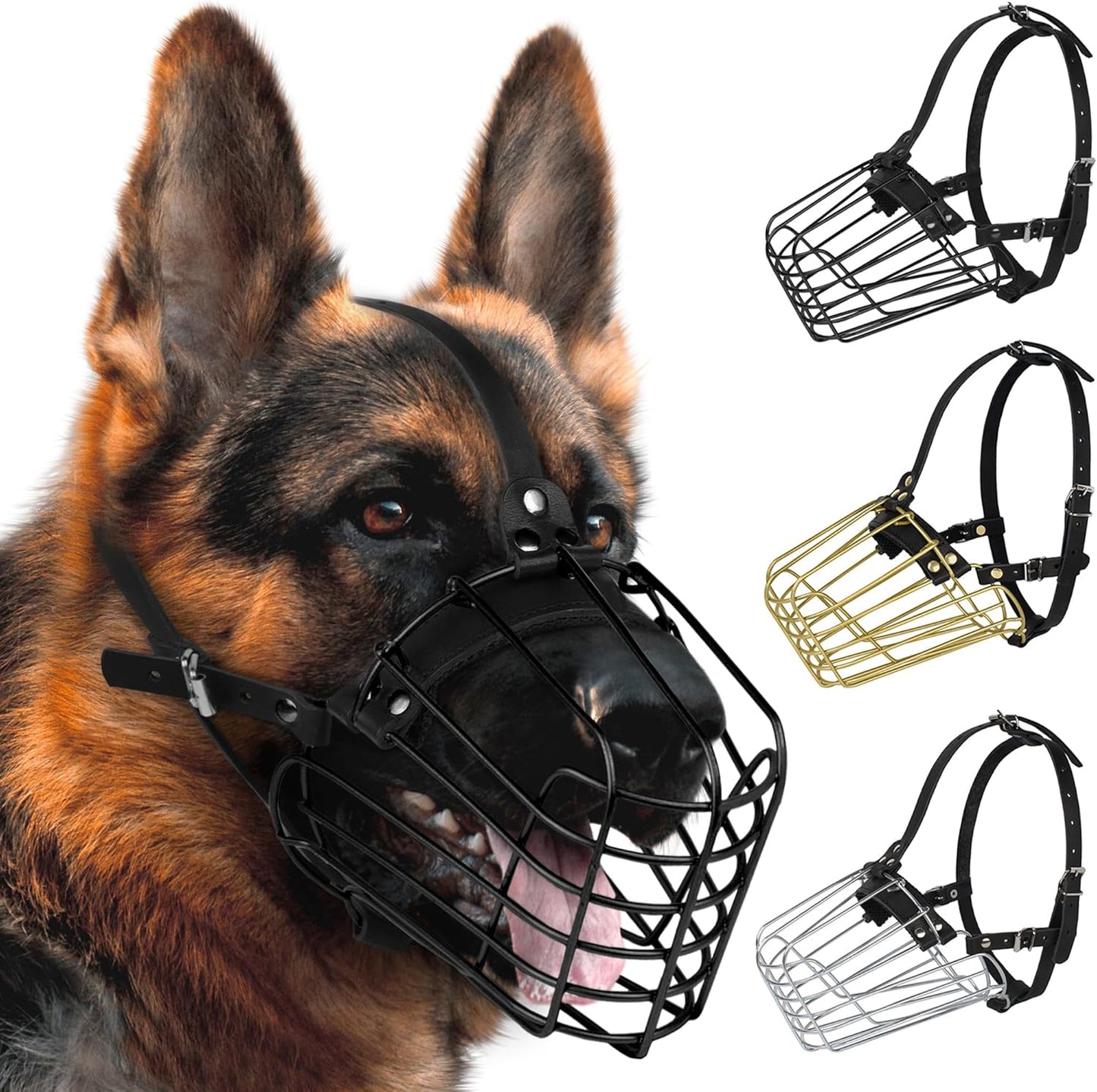 German Shepherd Dog Muzzle Metal Basket for Medium Large Dogs Adjustable Durable Leather Straps Secure Wire Mask for Biting Chewing Barking (Black, M - Size)