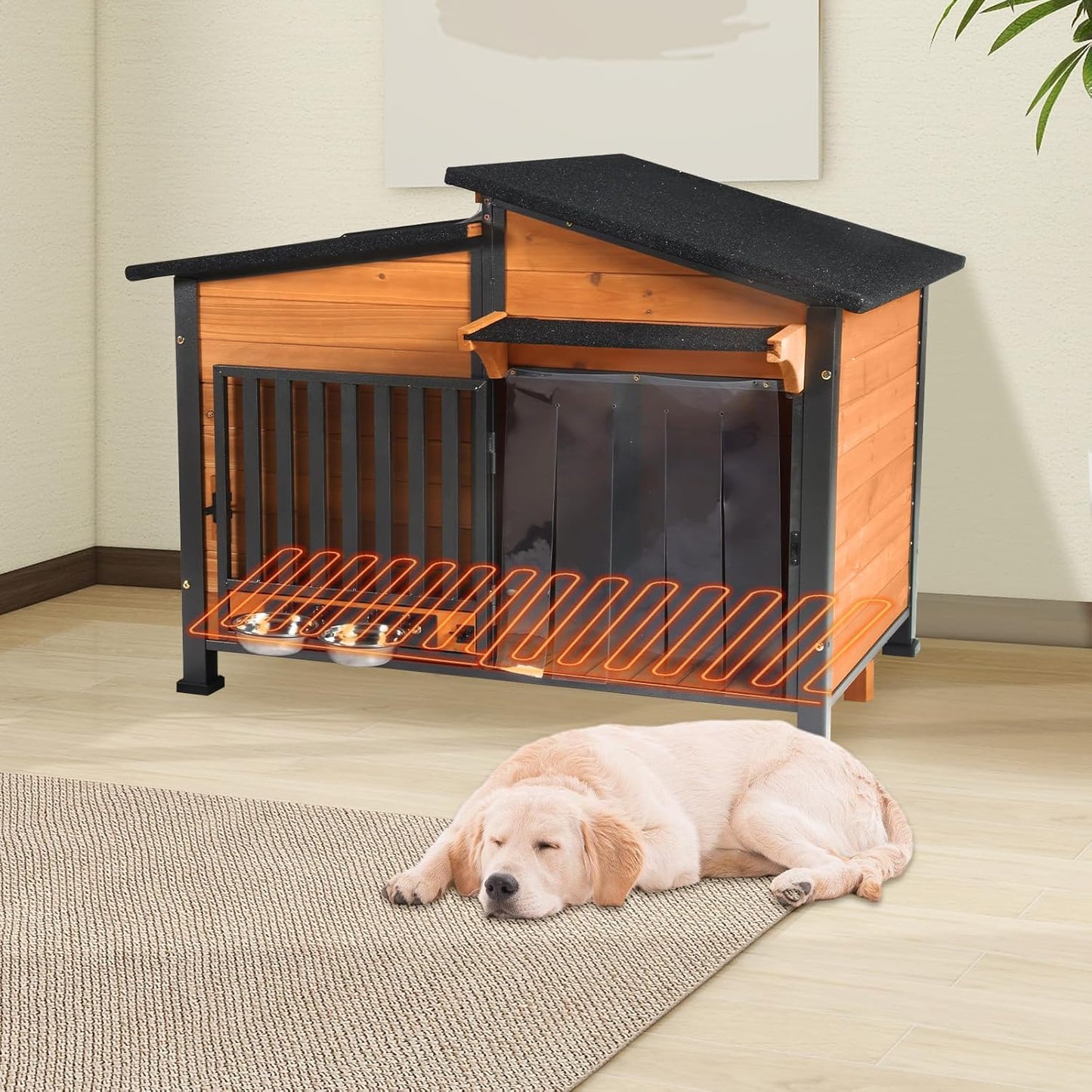 Chew-Resistant Dog House with Metal Frame, Wooden Kennel for Indoor & Outdoor Use, Waterproof Roof & Feeding Bowls Included (Wood, L-in)