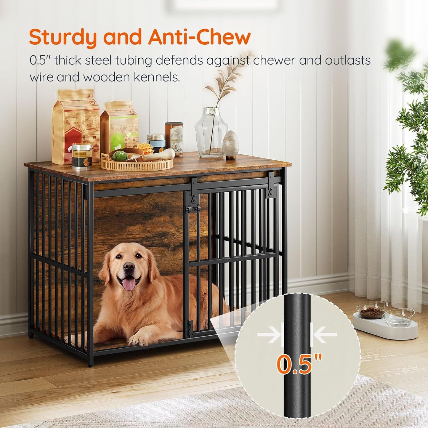 HOOBRO Dog Crate Furniture, 36.6" Heavy Duty Dog Kennel with Sliding Barn Door, Wooden Dog Cage Indoor, Decorative Side End Table for Small/Medium Dogs, Rustic Brown and Black FG162GW03G1