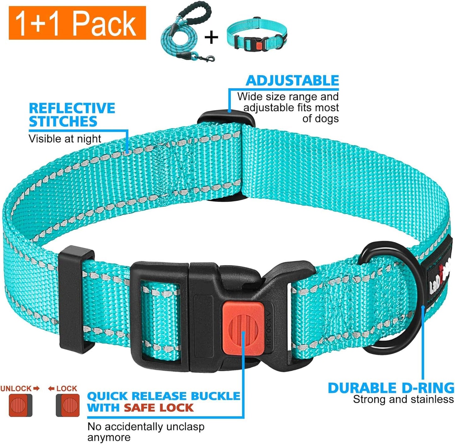 Heavy Duty Dog Leash - Comfortable Padded Handle, 5 ft Long - Dog Leashes for Small Medium Large Dogs (Leash+Collar M Neck 16"-20", Blue)