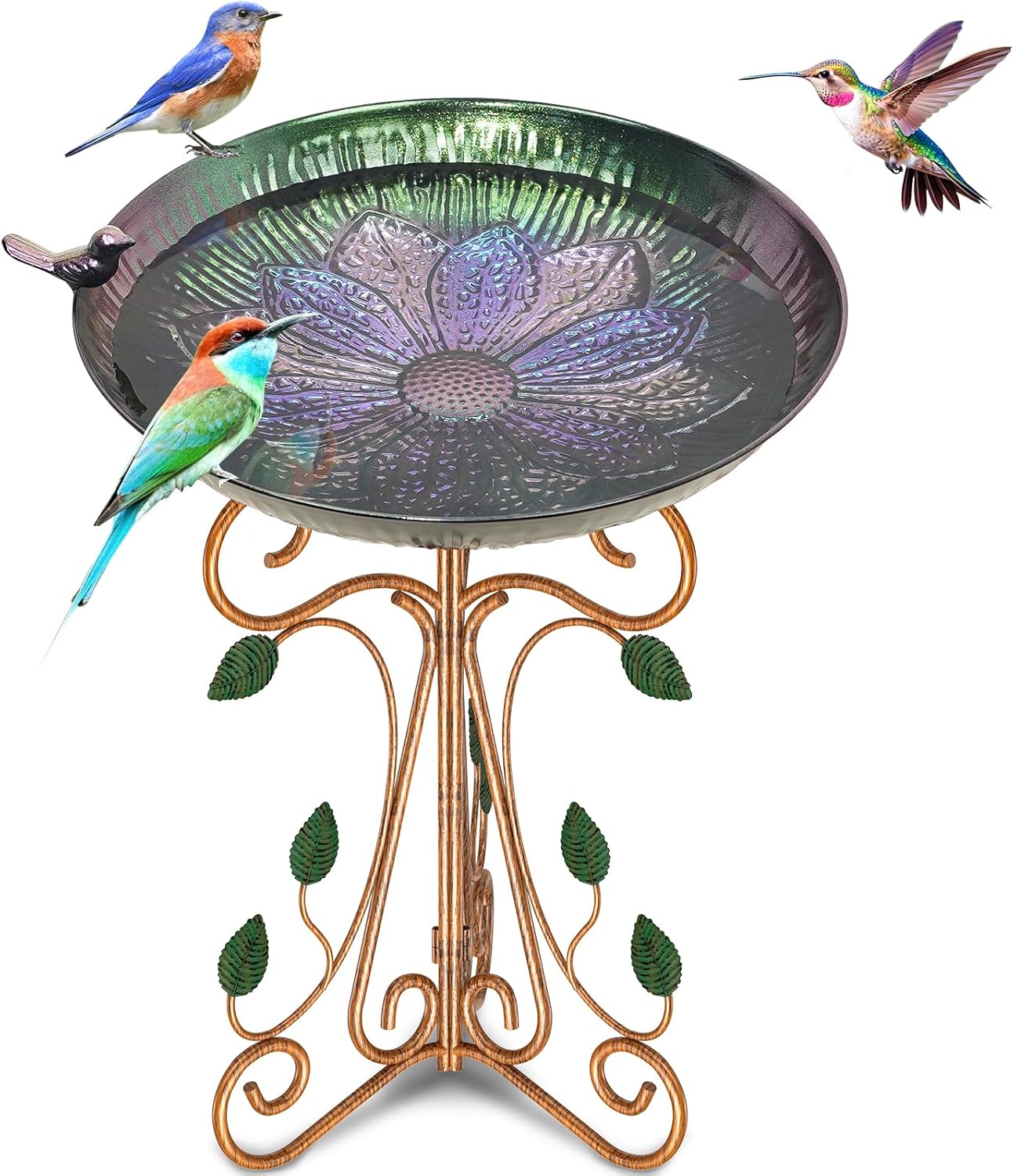 Vintage Metal Bird Bath for Outside, 13" Dia Birdbaths Bowl with Cast Iron Pedestal, Large Antique Bird Feeder with Folding Bracket for Outdoors Garden Patio Yard Decor (Purple Lotus)