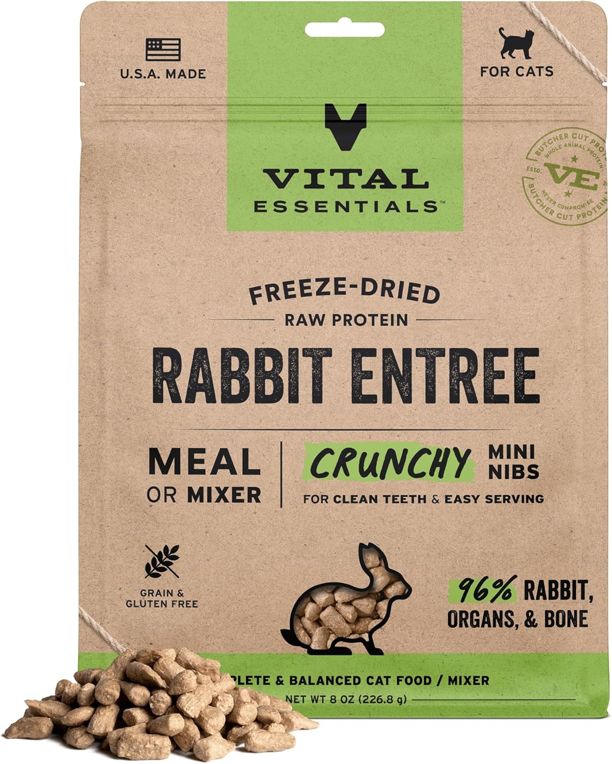 Vital Essentials Freeze-Dried Raw Rabbit Meal or Mixer Cat Food Crunchy Nibs, 8 oz