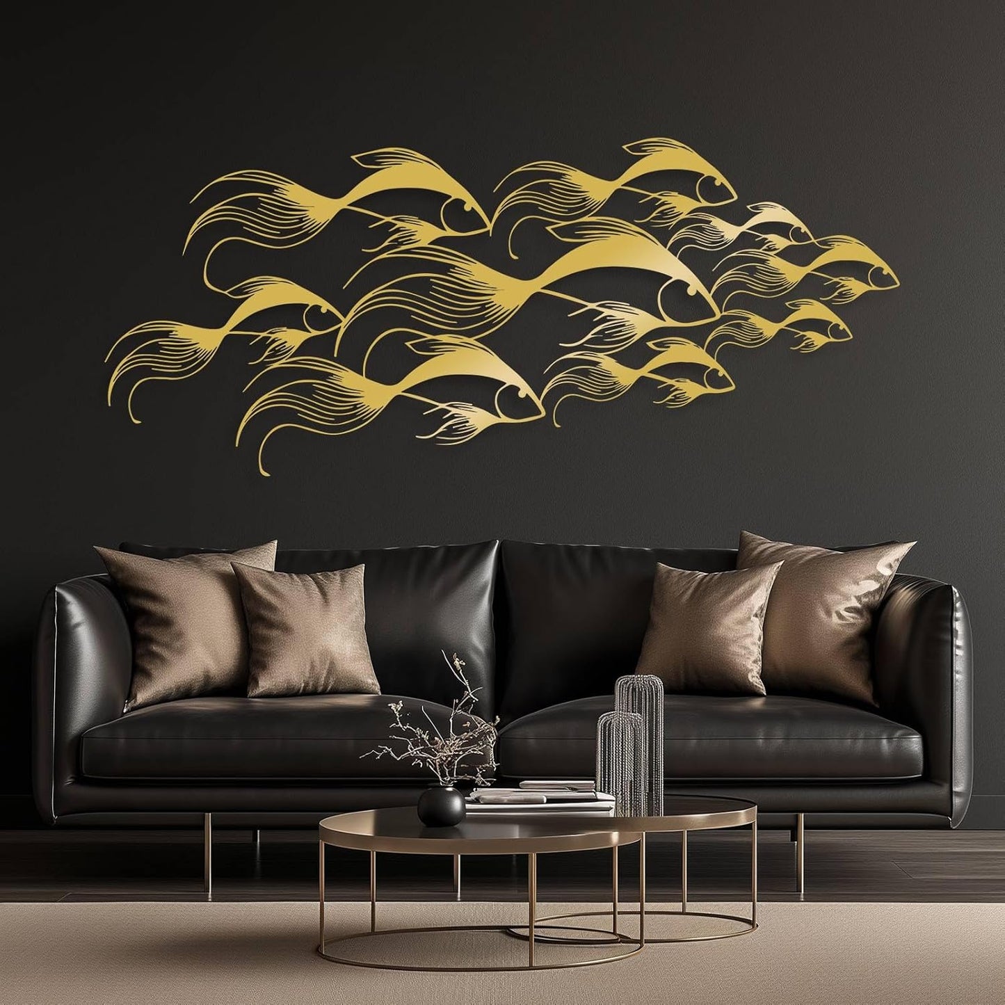 School of Fish Metal Wall Art, Metal Fish Wall Decor, Sea Life Wall Art, Large Nautical Wall Hanging, Modern Beach House Wall Decor, Ocean Themed Artwork for Bathroom (Black, 24"x10" | 60x25cm)