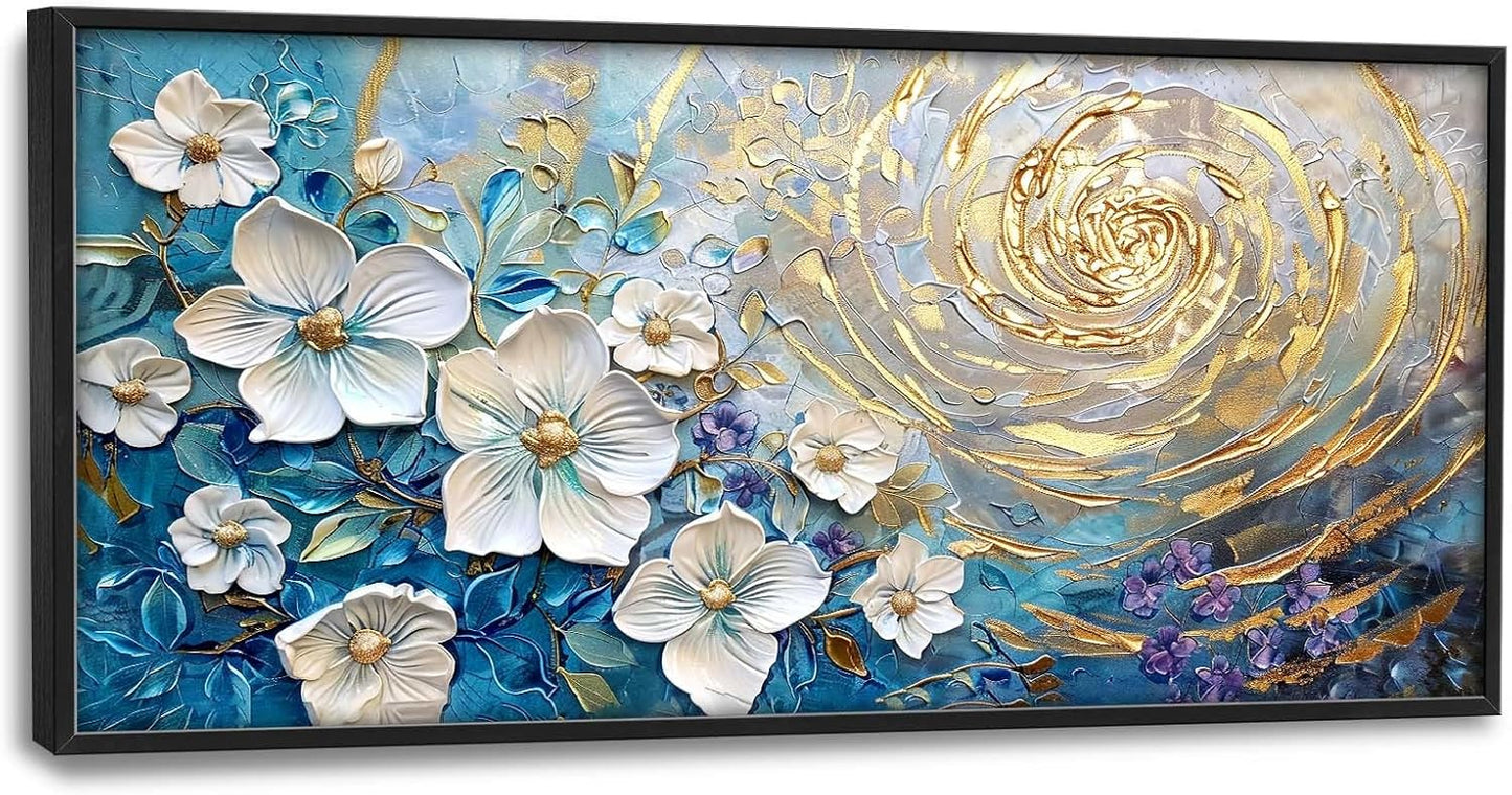 Flower Large Wall Art White Floral Pictures Abstract Golden Spiral Texture Wall Decor Canvas Print Painting Artwork for Bathroom Living Room Bedroom 60L" x 30W"