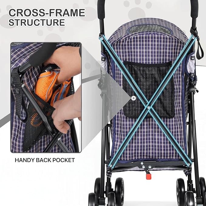 MoNiBloom 4 Wheels Pet Stroller, Easy-Fold Umbrella Shaped Dog Cat Jogger Stroller w/Storage Bag & Visible Mesh for Small/Medium Dogs Cats Plaid