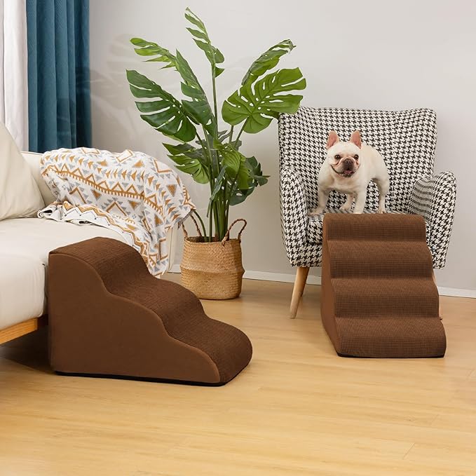 4-Step Dog Stairs and Ramp for Beds or Couches – Non-Slip Sturdy Pet Steps for Small Dogs and Cats,17.4" H,Brown