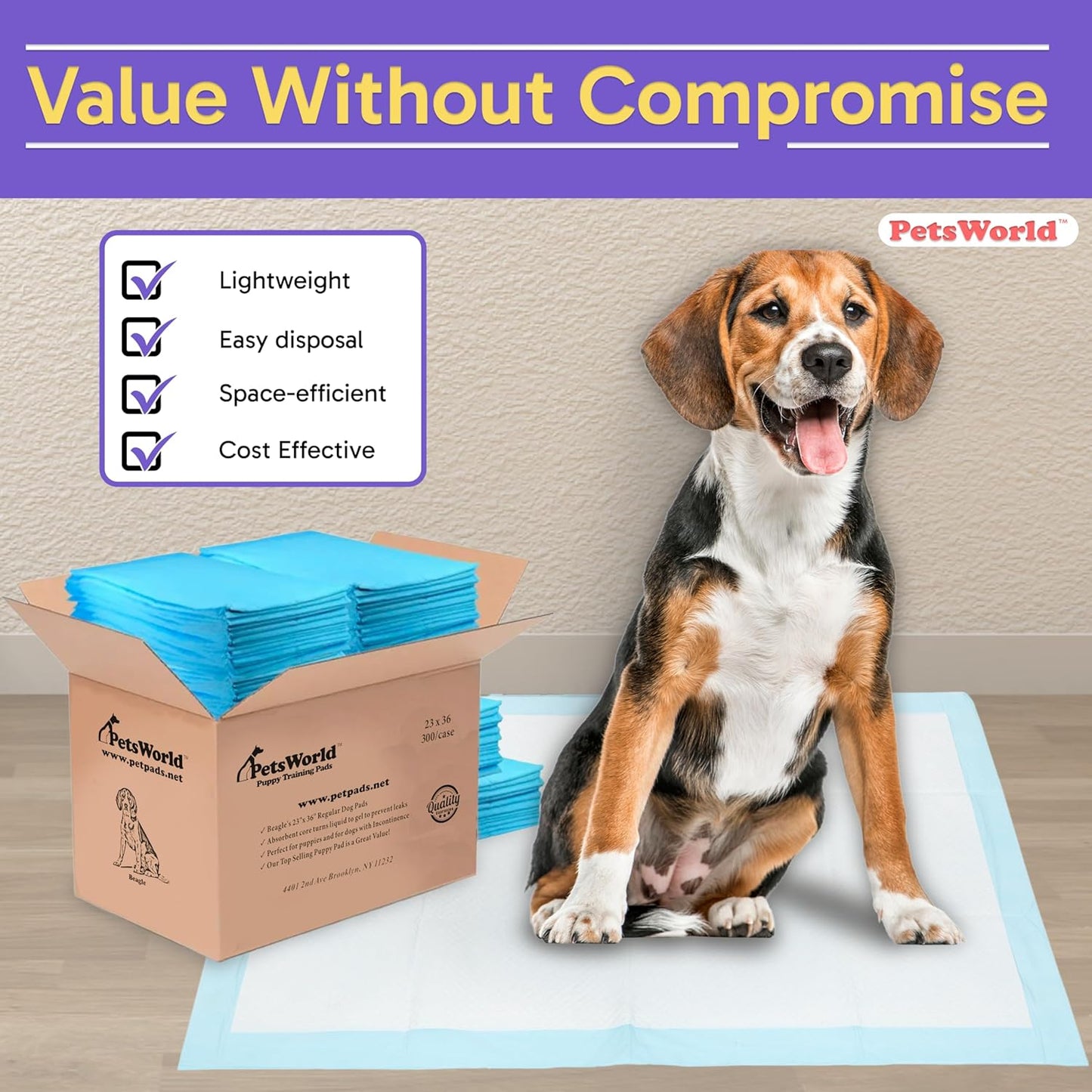 PETSWORLD Puppy Pads, 23x36 Inch, 100 Count - Puppy Pee Pads for Dogs, Tear Resistant, Economy Value, Super-Absorbent Polymer Gel Core, Perfect for Puppies, Smaller Dogs