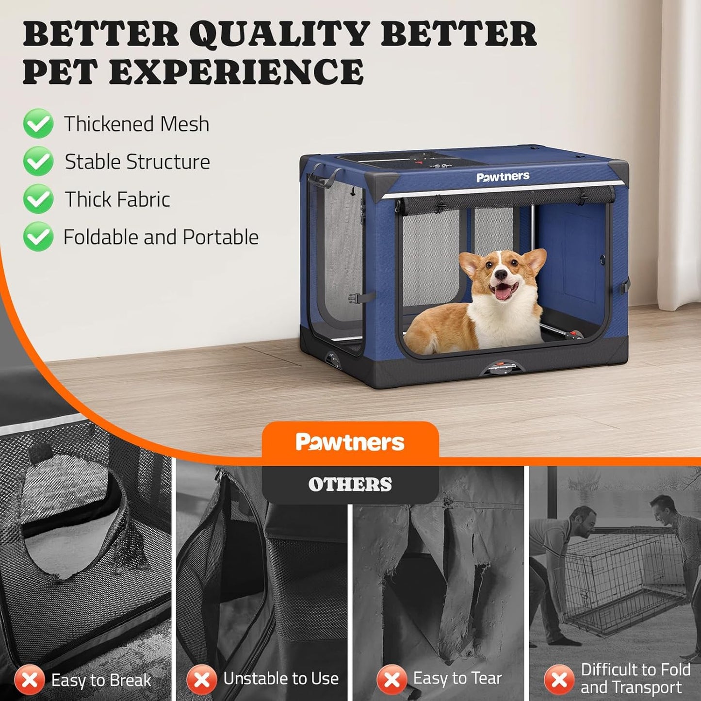 Collapsible Dog Crate: 30 Inch Foldable Soft Sided Dog Crate for Medium Dogs, Portable Dog Travel Kennel with Soft Mat for Indoors & Outdoors, Blue (30" L x 21" W x 21" H)