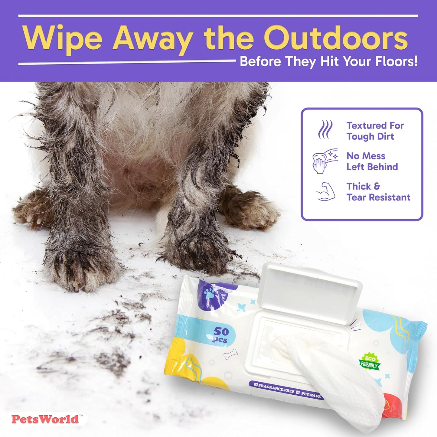 PETSWORLD Pet Wipes for Dogs & Cats, Unscented, Hypoallergenic, Chemical-Free, Biodegradable (98%), Thick & Durable, Textured Grooming Wipes (Unscented, 1200 Count)
