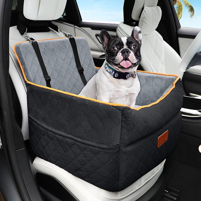 Small Dog Car Seat, Memory Foam Dog Booster Seats with Thick Cushion for Medium Dogs Under 35lbs, Detachable Washable Pet Car Seat Bed with Storage Pockets,2 Safety Belts