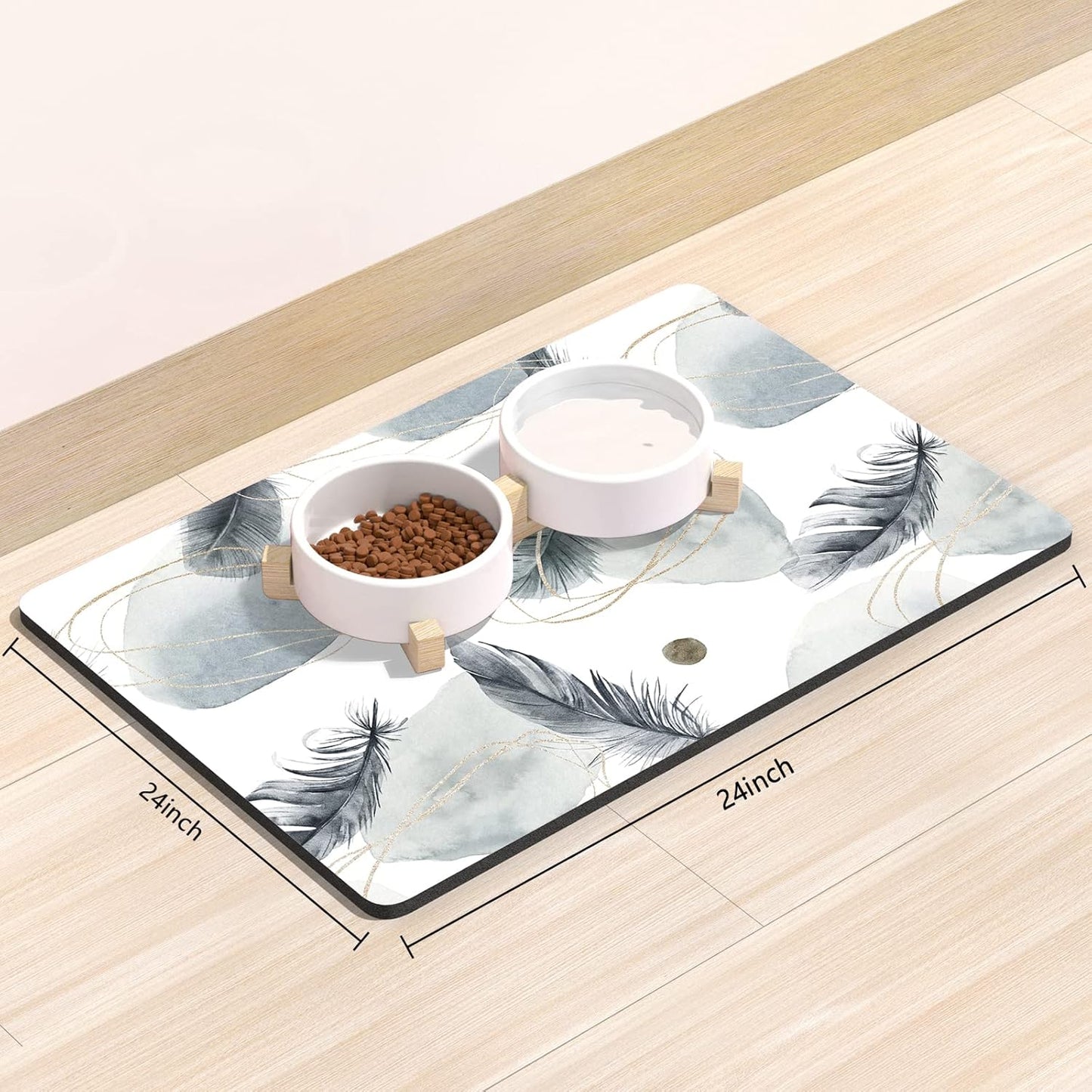 Rnivvi Dog Food Mat, 16" x 24" Absorbent Dog Cat Bowl Mat for Food and Water, Cute Anti-Slip Rubber Pet Feeding Rug Protect Floors, Puppy Placemat for Feeding & Watering Supplies, Abstract Plume