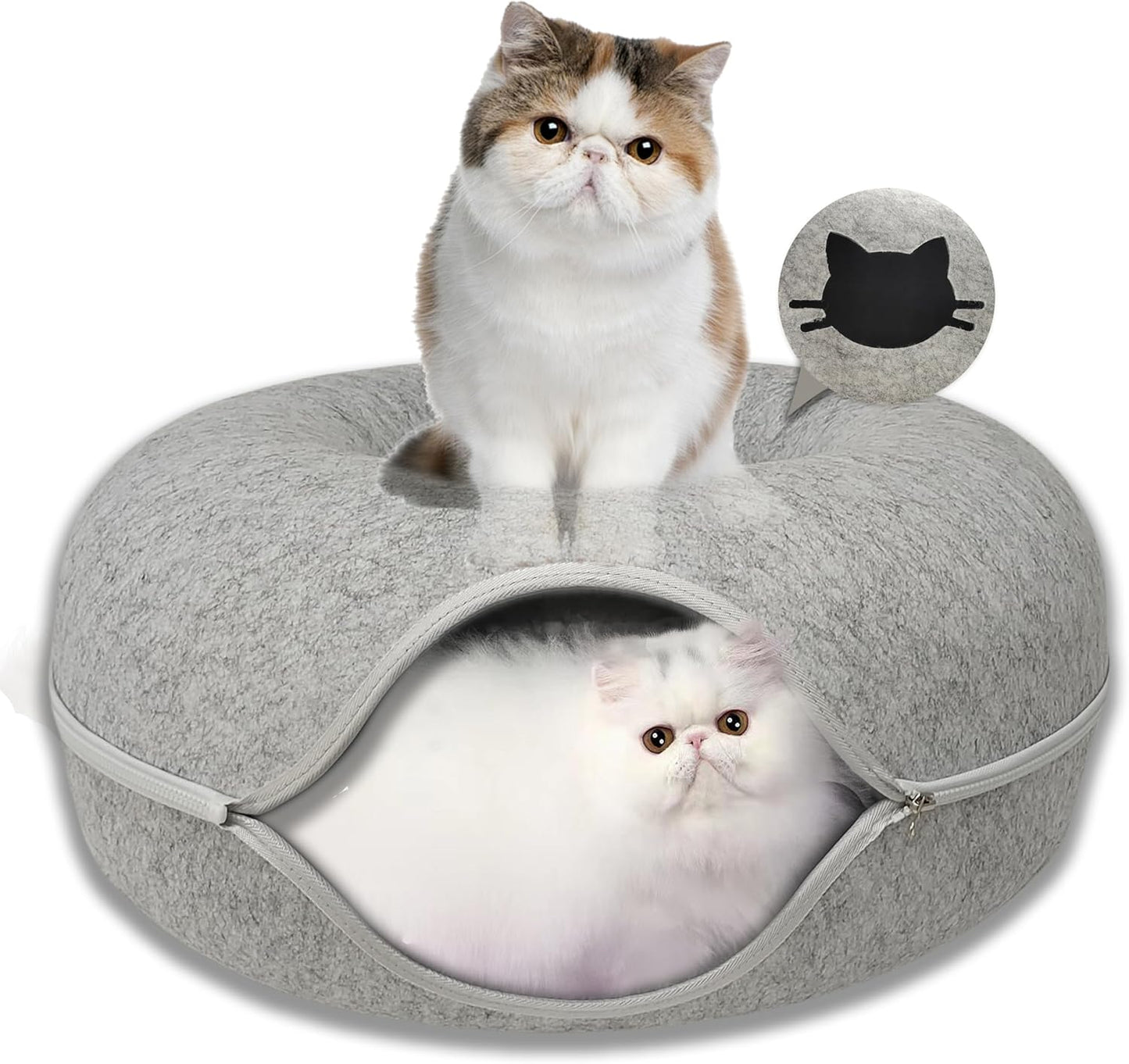 Donut Cat Tunnel Bed Peekaboo Cat Cave for Large Cats Up to 30 Lbs, Kitty Interactive Playing Tent House for Multiple Cats,Detachable,Scratch Resistant (Light Gray, Large - 24 Inch Diameter)