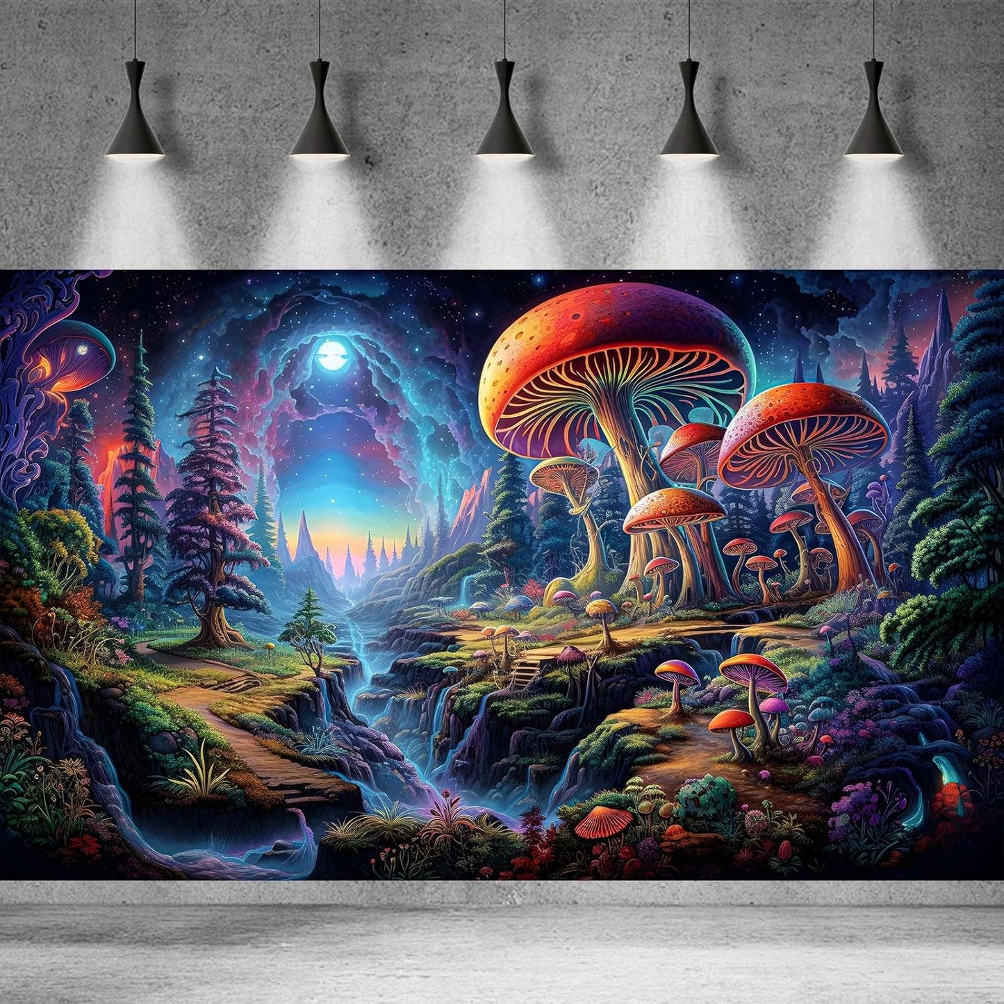 Forest Aquarium Background Fantastic Cartoon Forest Landscape with Mushrooms and Flowers Terrarium Background Fantasy Pine Tree Mysterious Mushroom Theme Fish Tank Backdrop Poster Decor 48x24in
